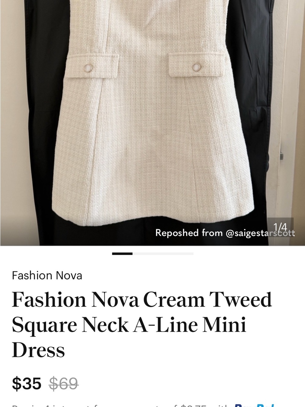 Fashion Nova Cream Tweed Square-Neck A-Line Mini Dress